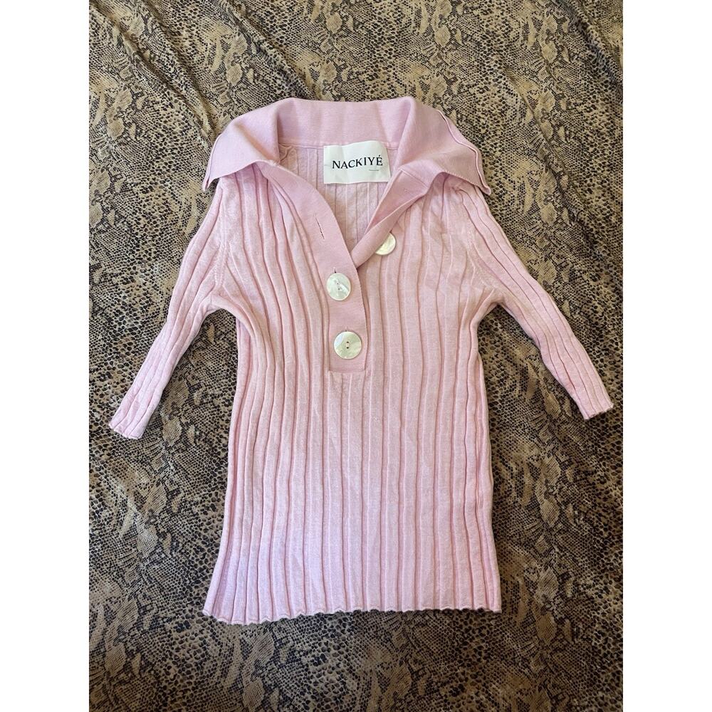 Nackiyé Sugarman Short Sleeve Knit Polo Point Collar Light Pink 100% Wool Sz S - Picture 4 of 6